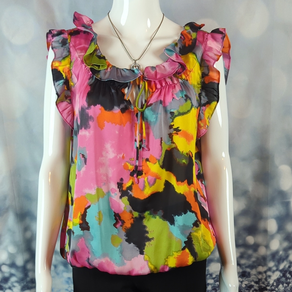 Violet & Claire sz XL Colorful Ruffled Sleeveless Watercolor Top